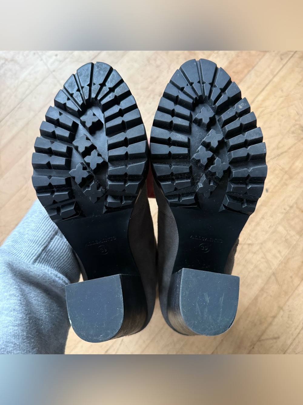 ALL SAINTS Grey Suede Lug Sole Zip Up Stacked Heel Moto Ankle Booties Ana 39 - Picture 8 of 12